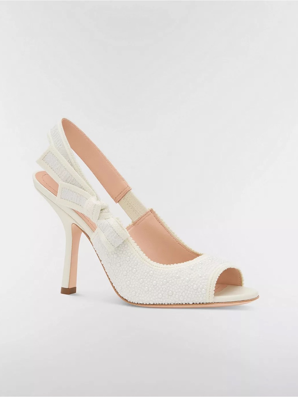 J'Adior Heeled Slingback Sandal Embroidered Cotton & White Resin Pearls 38.5 NEW